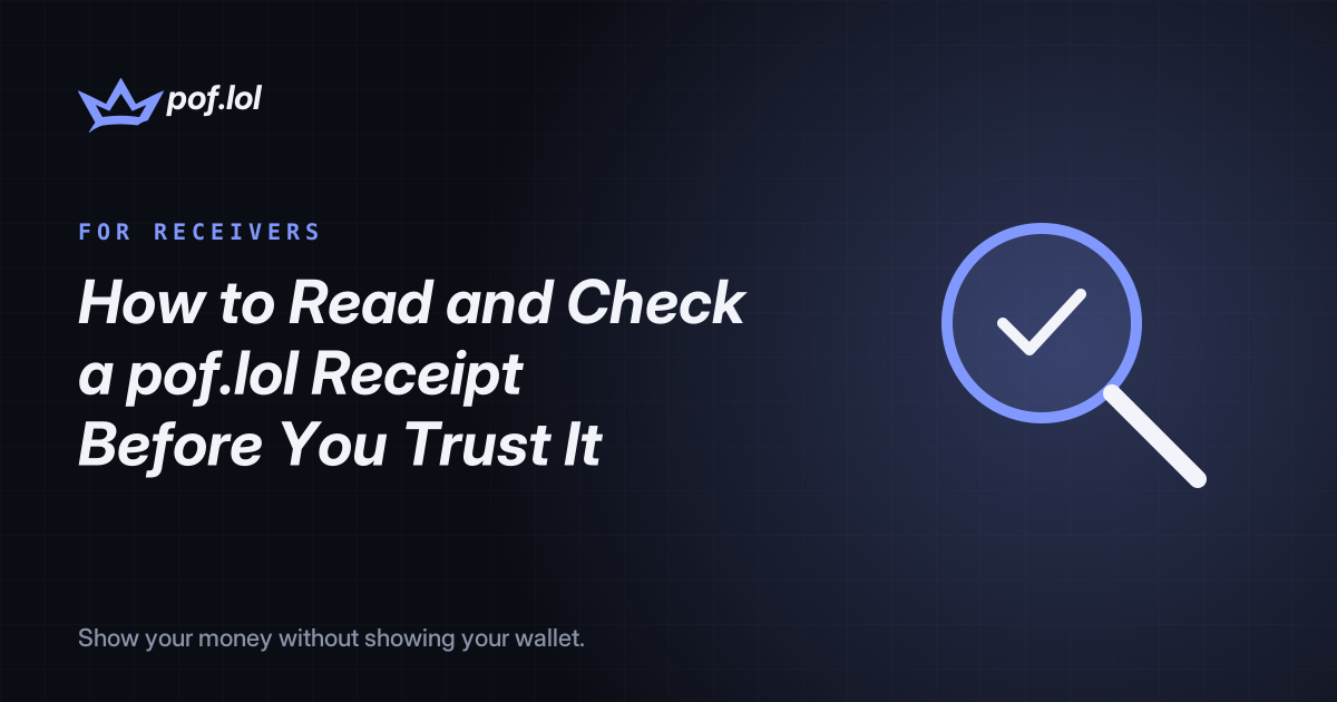 Magnifying glass over a receipt card, pof.lol branding